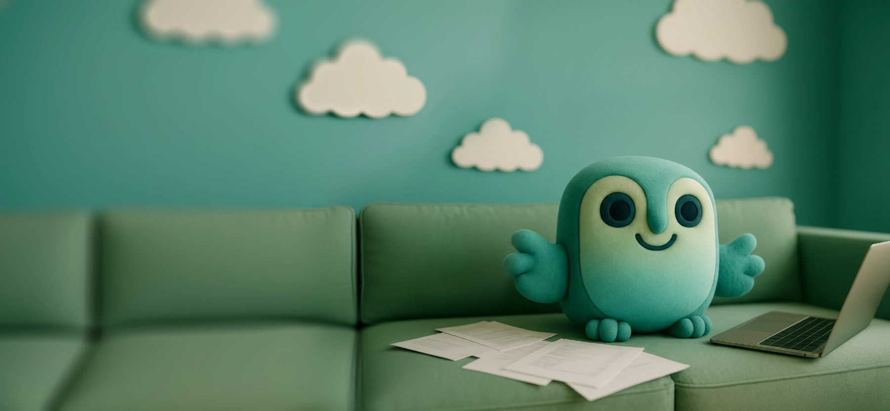 Wise de NettoWise uil is blij op de bank